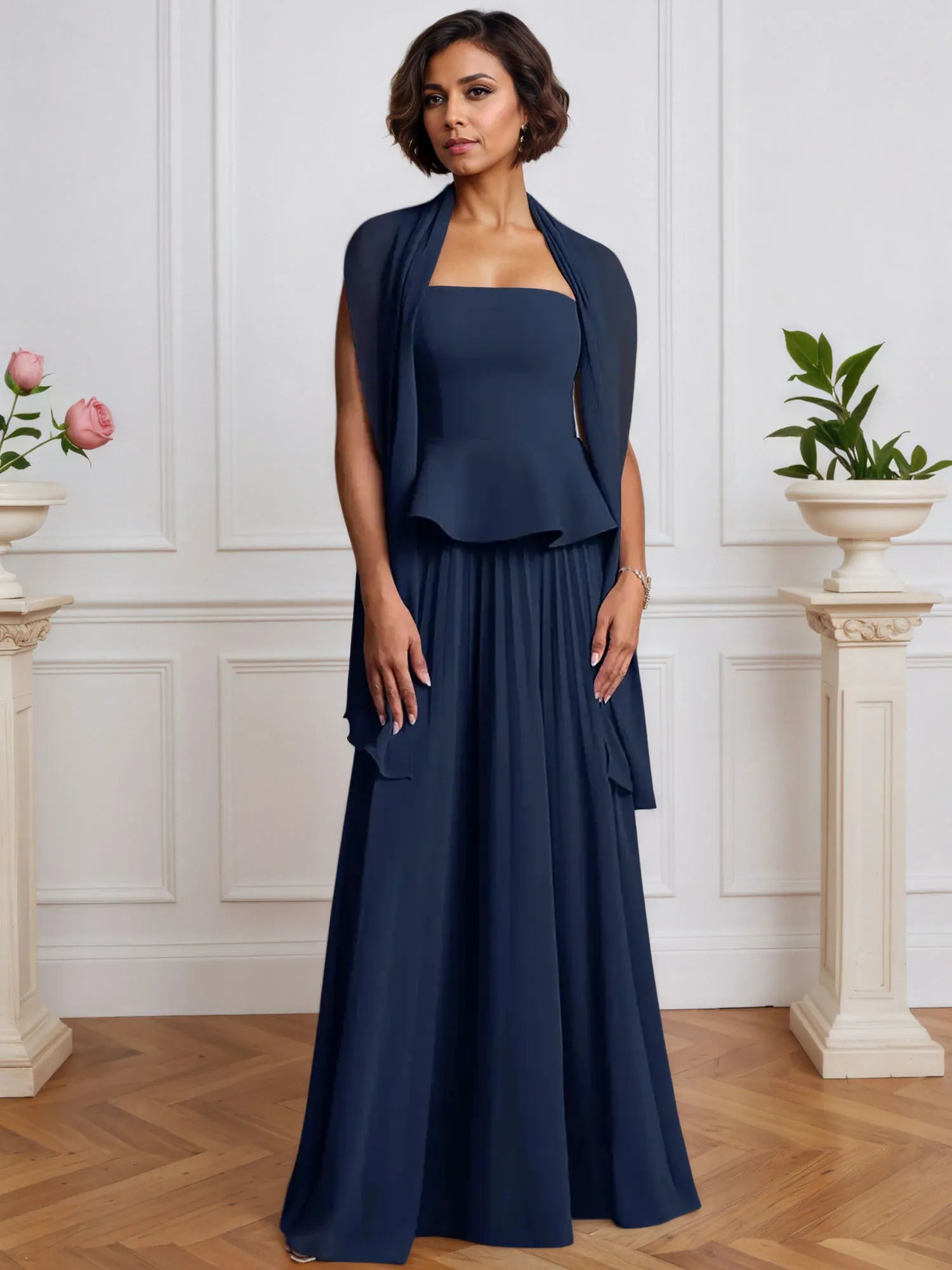 A-Line Off The Shoulder Sleeveless Pleated Chiffon Dress With Cascading Ruffles