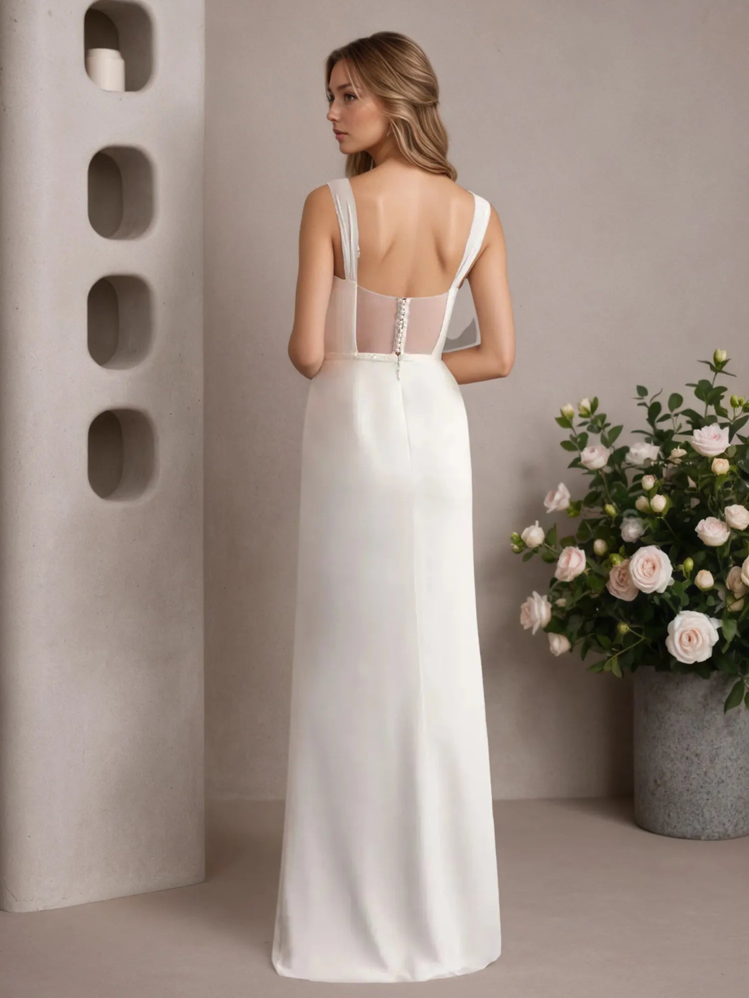 White Sheath V-Neck Chiffon Wedding Dress