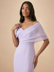 Lilac Off-the-Shoulder Slit Evening Gown with Draped Maxi Dress