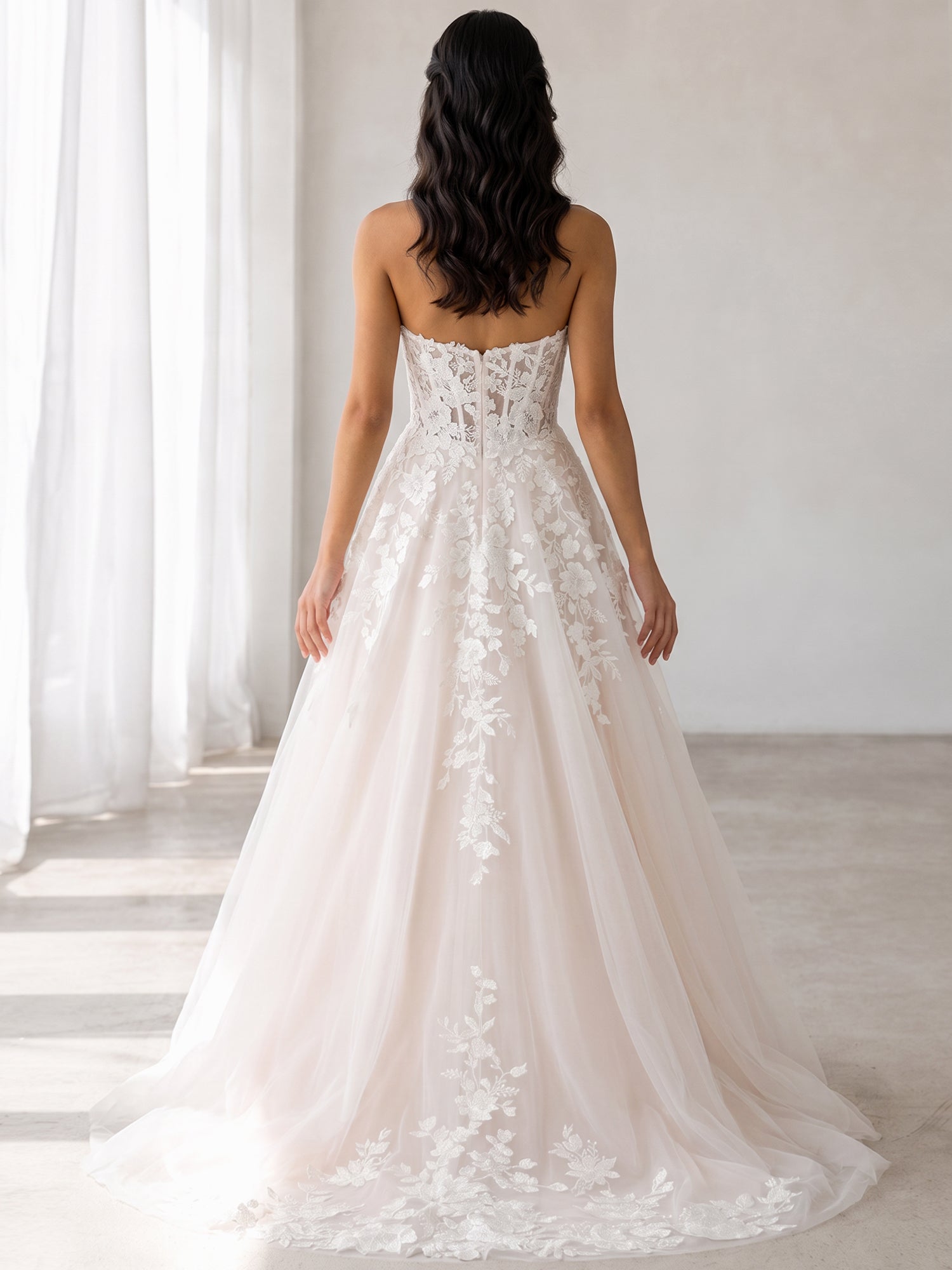 Elegant Strapless White Lace A-Line Wedding Dresses with Corset and Chapel Train