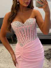 Pink Pearl Beaded Corset Prom Dress with Slit