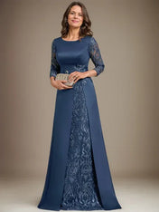 A-Line Scoop Floor-Length Lace Satin Mother Of the Bride Dress With Applique