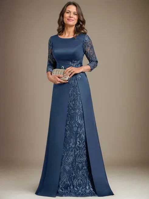 Robe de mère de la mariée en satin et dentelle, coupe trapèze, longueur au sol, avec appliques 