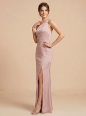 One-Shoulder Satin Mermaid Bridesmaid dresses with Dramatic Thigh-High Side Slit