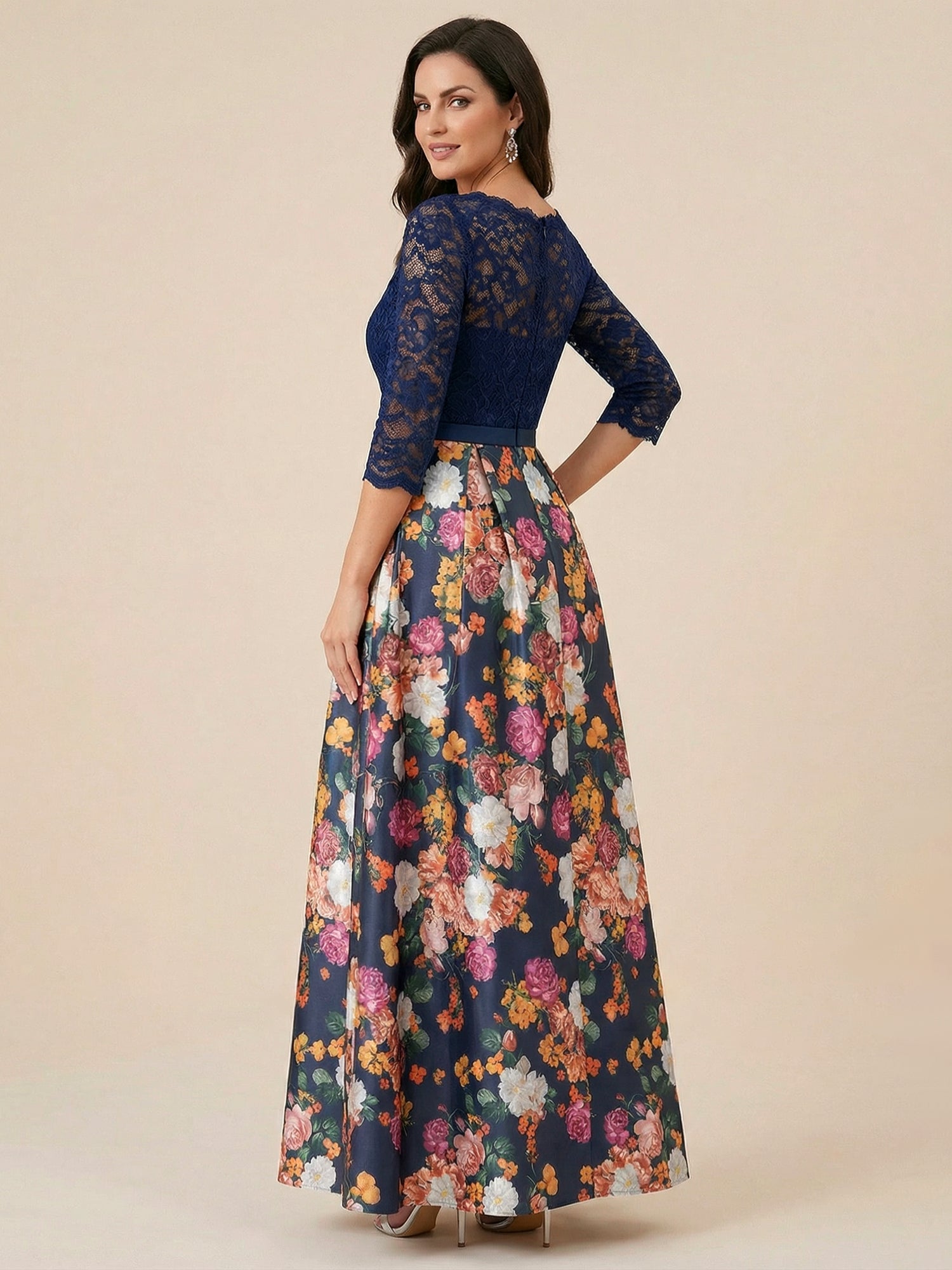 Navy Blue Half Sleeves Applique Two-piece Print Floral Mother of the Brides dress