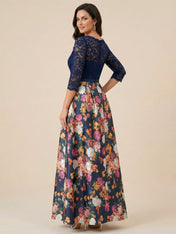 Navy Blue Half Sleeves Applique Two-piece Print Floral Mother of the Brides dress