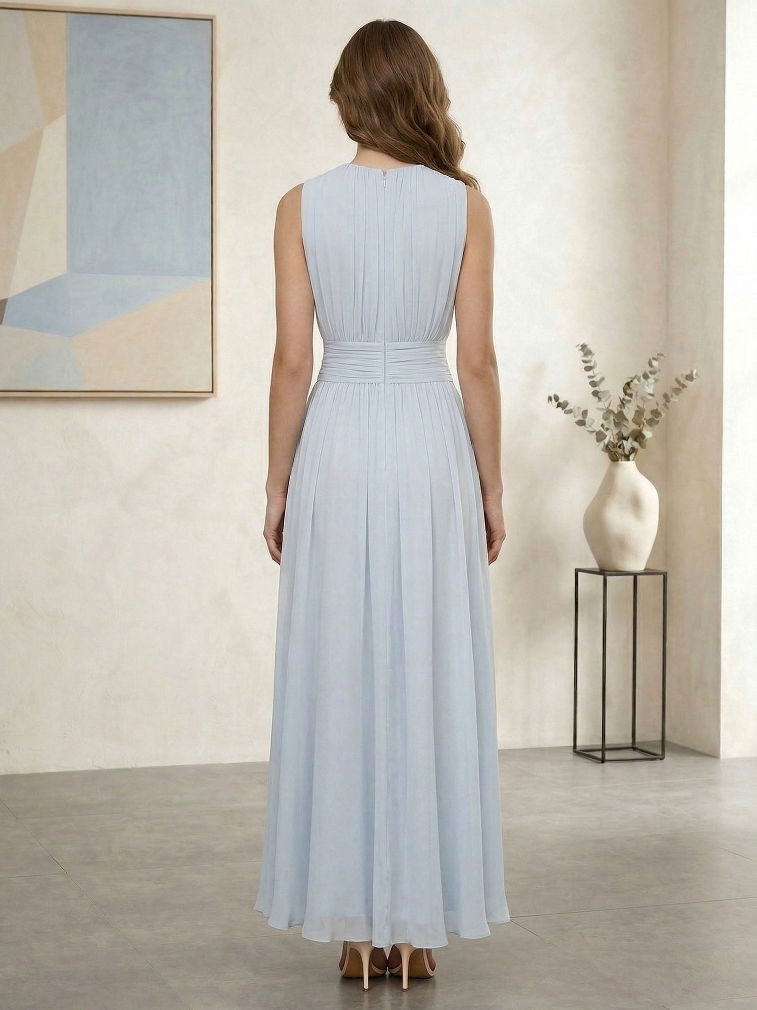 Ethereal Formal Evening Dress Ice Blue Pleated Chiffon Maxi Gown