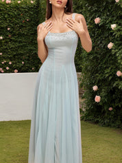 Blue Crystal Embellished Tulle Maxi Dress