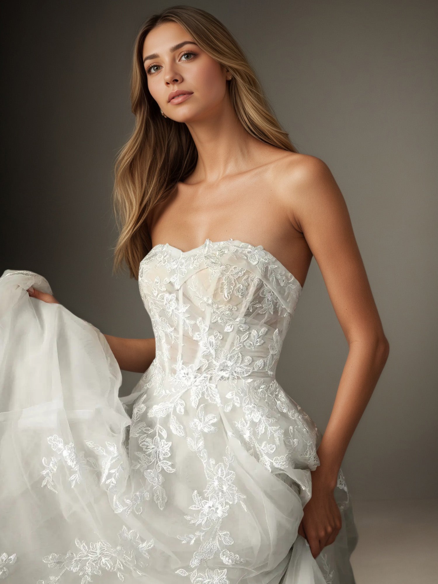 White A Line Strapless Lace Wedding Dress