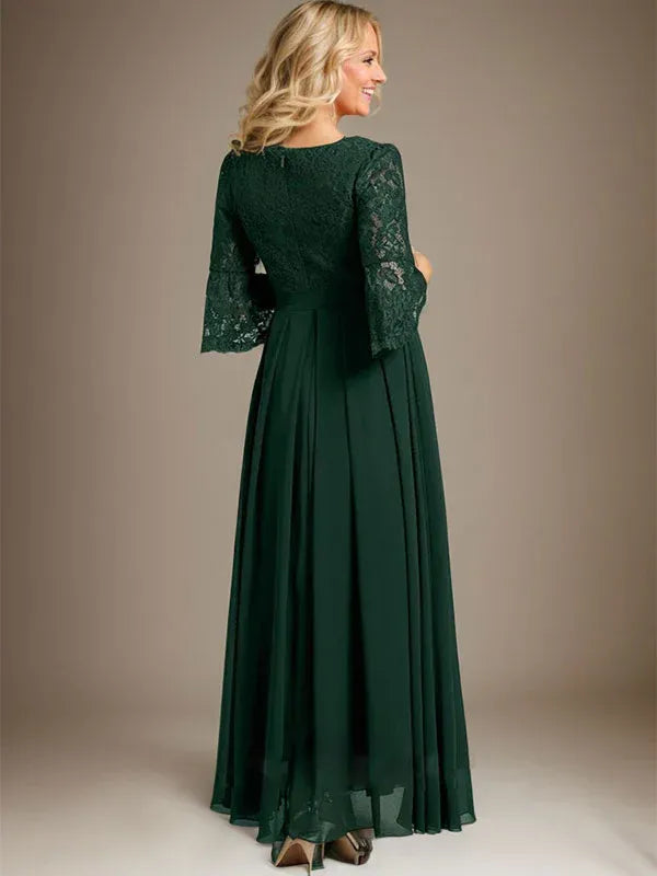 Robe de mère de la mariée trapèze en mousseline de soie et dentelle, longueur cheville, avec nœud