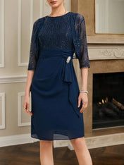 Purplish blue Women Lace Crew Neck Half Sleeve Dress With Coat Two-Piece Set