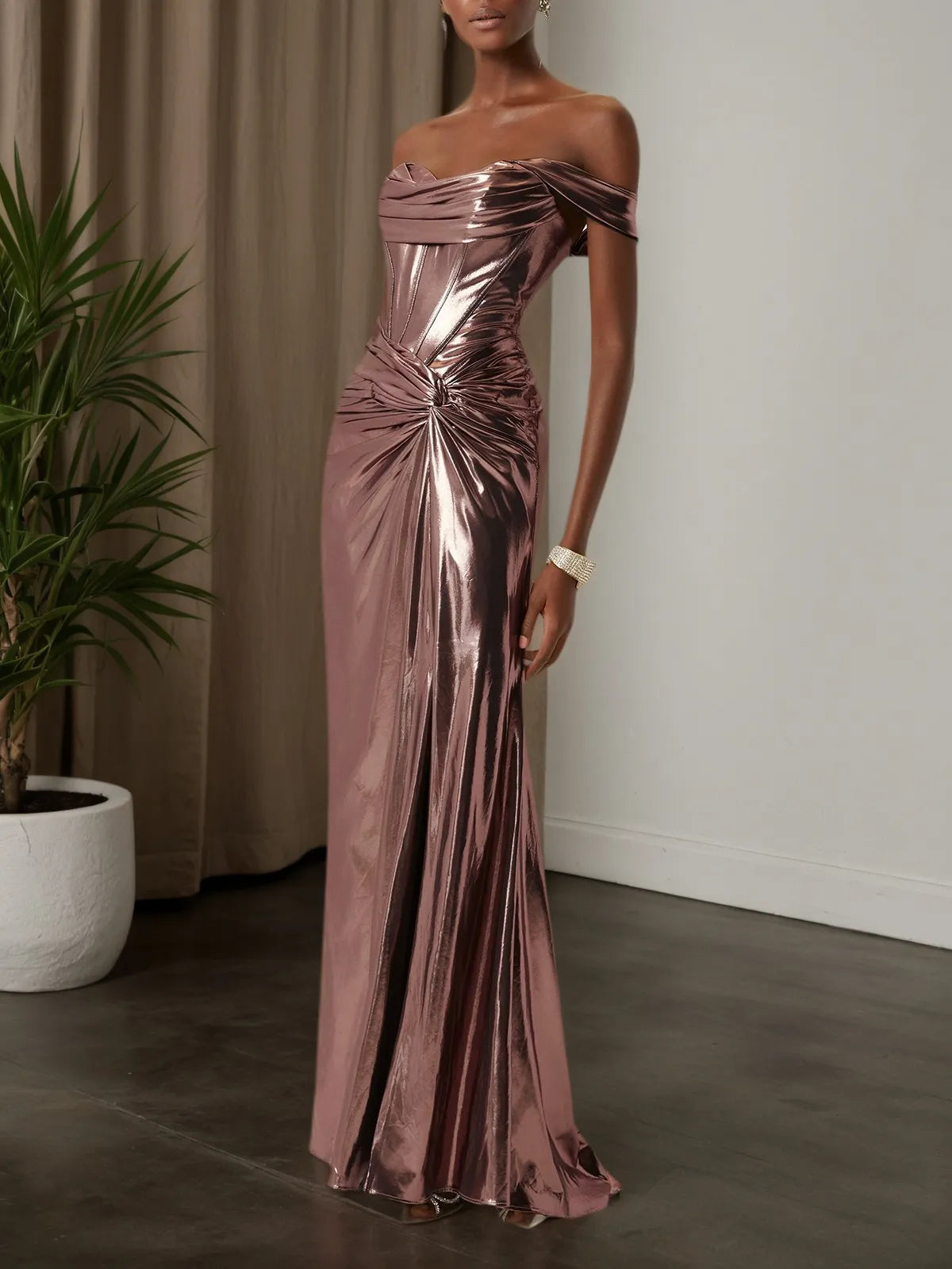 Dark Rose Glod Metallic Ruched Satin Off The Shoulder Sleeveless Sheath Corset Maxi Dress
