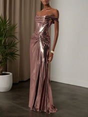 Dark Rose Glod Metallic Ruched Satin Off The Shoulder Sleeveless Sheath Corset Maxi Dress