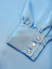 Blue Satin Ruched Shirt Collar Sheath Midi Shirt Dress