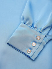 Blue Satin Ruched Shirt Collar Sheath Midi Shirt Dress