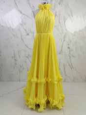 Yellow A Line Pleated Halter Ruffle Long Prom Dress