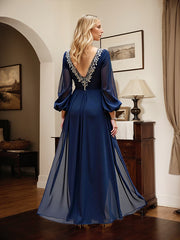 Navy A Line Long Sleeves Long Mother of the Bride Dress with Slit