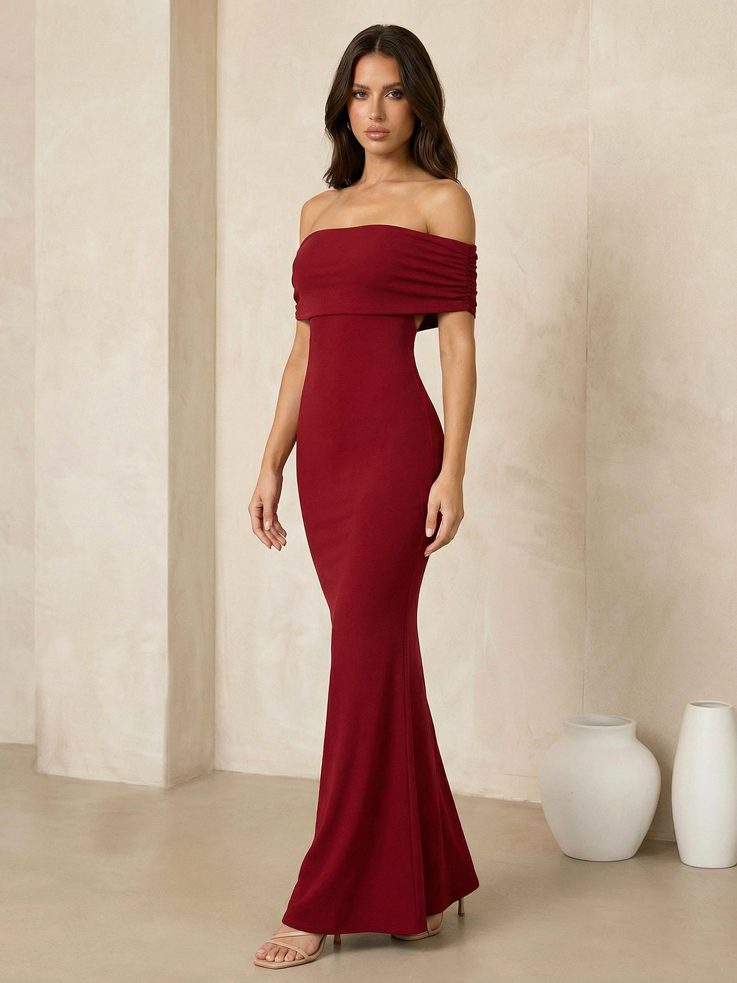 Red Off the Shoulder Maxi Dresses with Pleat Mermaid Evening Dress