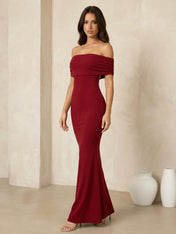 Red Off the Shoulder Maxi Dresses with Pleat Mermaid Evening Dress