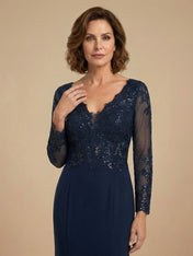 Long Sleeves V Neck Mermaid Sparky Sequins Mother of the Brides Dress for Women