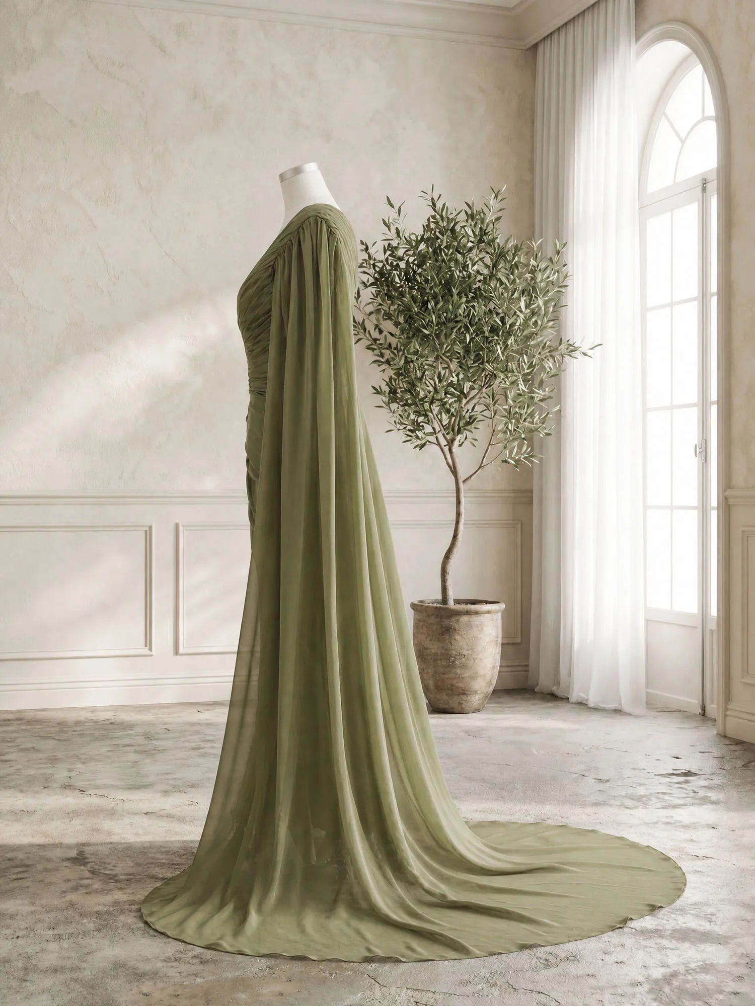 Sage Green One Shoulder Beaded Evening Gown with Cape Sleeve
