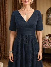 A-line V-Neck Tea-Length Tulle Lace Mother of the Bride Dress With Pleated