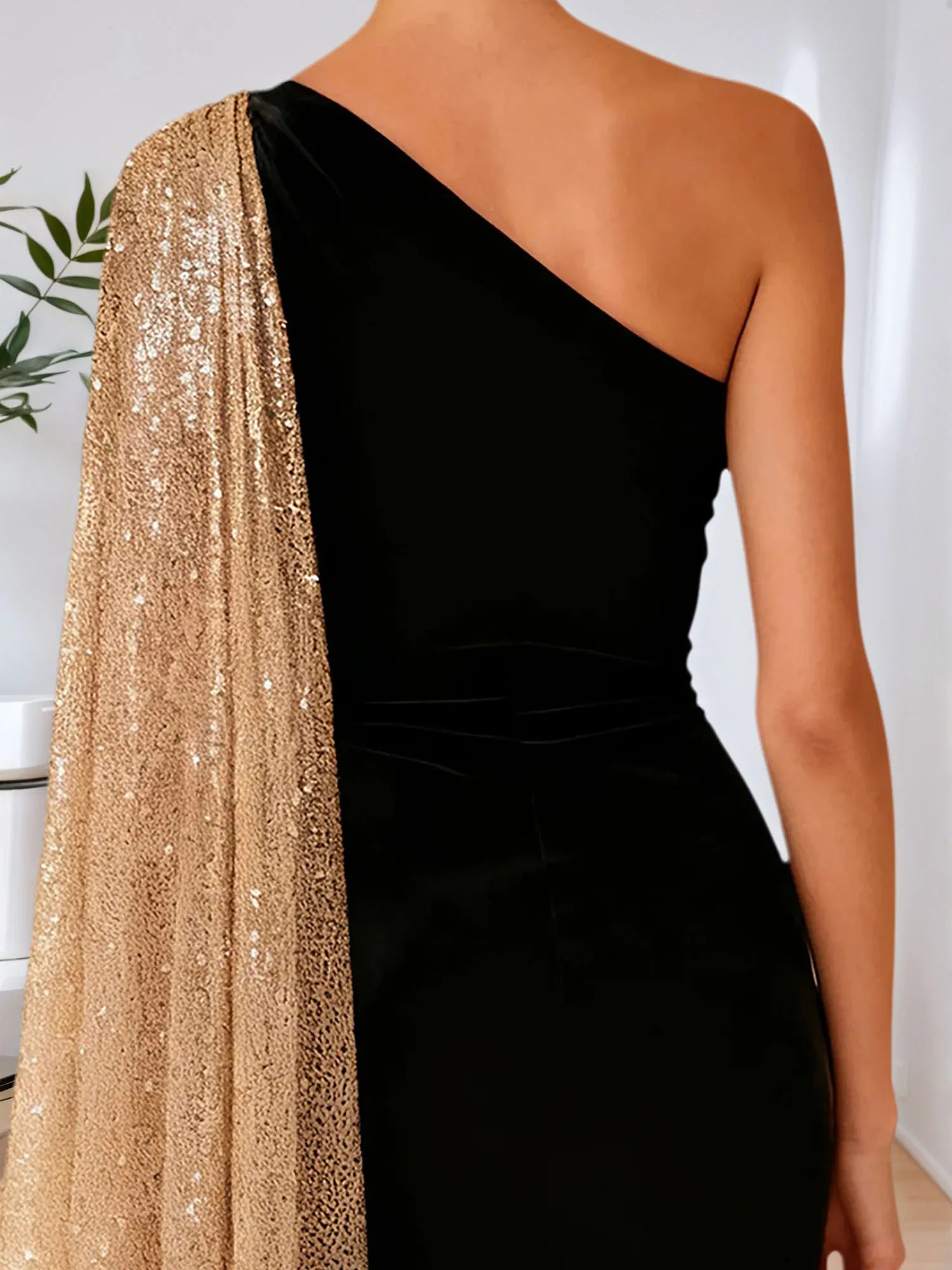 One-Shoulder Velvet & Gold Sequin Cape Maxi Gown with High Slit Formal Evening Dress