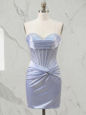 Light Blue Strapless Corset Bodice Mini Homecoming Dress with Ruched Skirt
