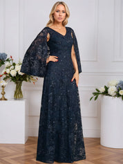 A-line V-Neck Floor-Length Lace Mother of the Bride Dress With Sequins