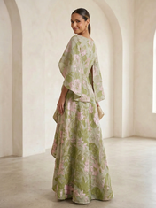 Boat-Neck Jacquard Asymmetric Ruffle Long Mother Of The Bride Dresses with Cape Sleeves