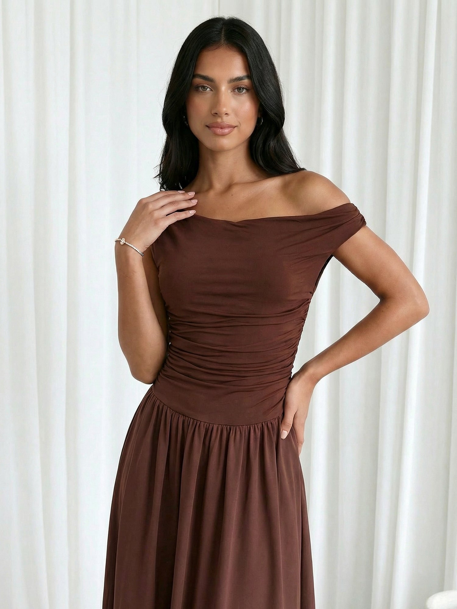 Brown One Shoulder A Line Floor Length Maxi Dress with Pleat