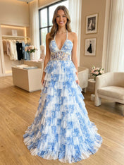Romantic Floral Ruffle Prom Dress with Beaded Halter Corset