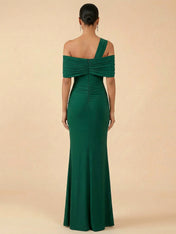 Emerald Green Cold Shoulder Slit Evening Gown with Ruched