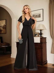 Jumpsuit/Pantsuit V-Neck Floor-Length Chiffon Evening Dress