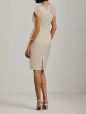 White Imitation Pearls Satin Boat Neck Cap Sleeve Sheath Midi Dress