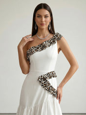White Leopard Trim One-Shoulder Tiered Ruffle Maxi Dress