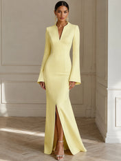 Formal Yellow V Neck Long Sleeves Floor Length Dress With Slit