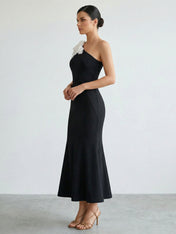 Black One-Shoulder 3D Floral Appliqué Mermaid Midi Dress