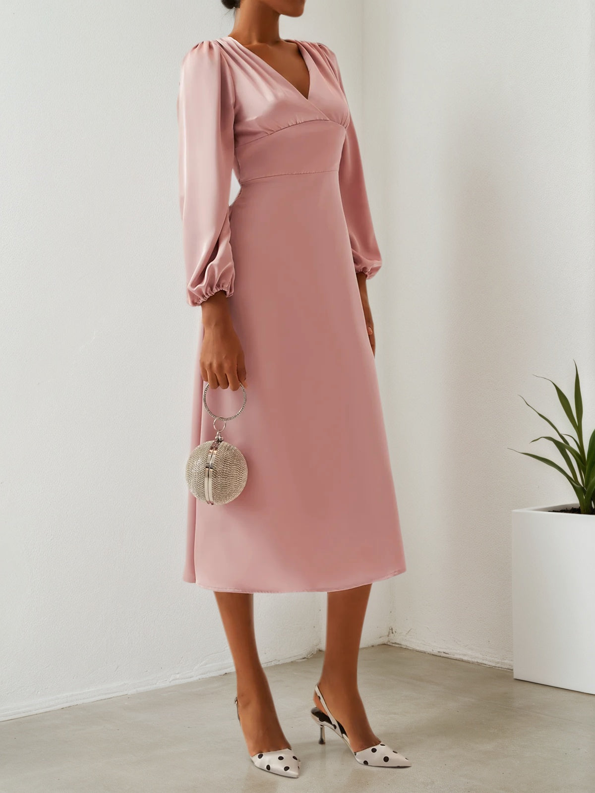 Pink V Neck Long Puff Sleeve A-Line Midi Dress