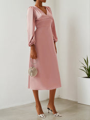 Pink V Neck Long Puff Sleeve A-Line Midi Dress