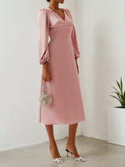Pink V Neck Long Puff Sleeve A-Line Midi Dress