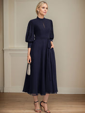 A-line High Neck Tea-Length Lace Chiffon Mother of the Bride Dress With Bow