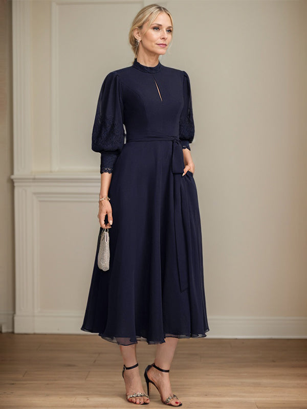 A-line High Neck Tea-Length Lace Chiffon Mother of the Bride Dress With Bow