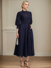 A-line High Neck Tea-Length Lace Chiffon Mother of the Bride Dress With Bow