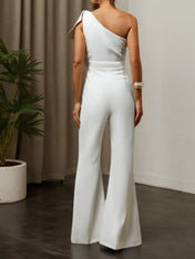 Women White Bow One Shoulder Wide-Leg Jumpsuit