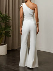 Women White Bow One Shoulder Wide-Leg Jumpsuit