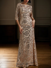 Rose Gold Sequin Crew Neck Three Quarter Sleeve Mermaid Gown Dress