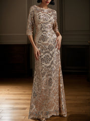 Rose Gold Sequin Crew Neck Three Quarter Sleeve Mermaid Gown Dress