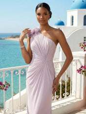 Purple One Shoulder Mermaid Pleat Maxi Dress with Flower