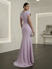 Lavender Mermaid Gown Dress Ruched Classic Boat Neck Short Sleeve Raglan Sleeves